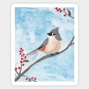 Tufted Titmouse with Holiday Berries Sticker